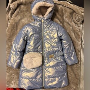 Shiny Lavender Hooded Puffer Coat with Faux Fur Accents
